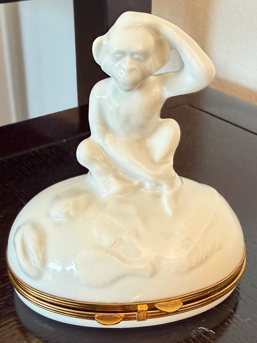 White Ceramic Monkey Trinket Box with Gold Trim